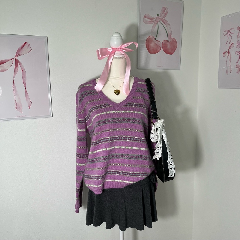 Vintage 90s Lilac‎ Purple Floral Striped Knit V Neck Sweater Womens Size XL